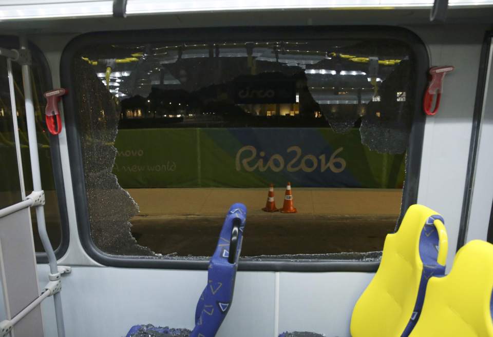 A window was completely shattered after the incident on the bus