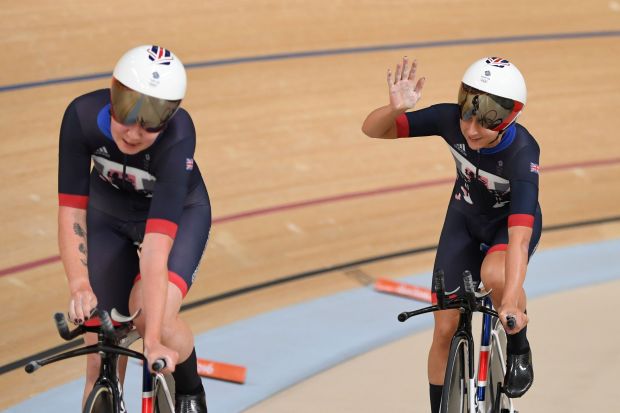 Britain's Laura Trott and Britain's Katie Archibald after breaking the world record in the women's team pursuit