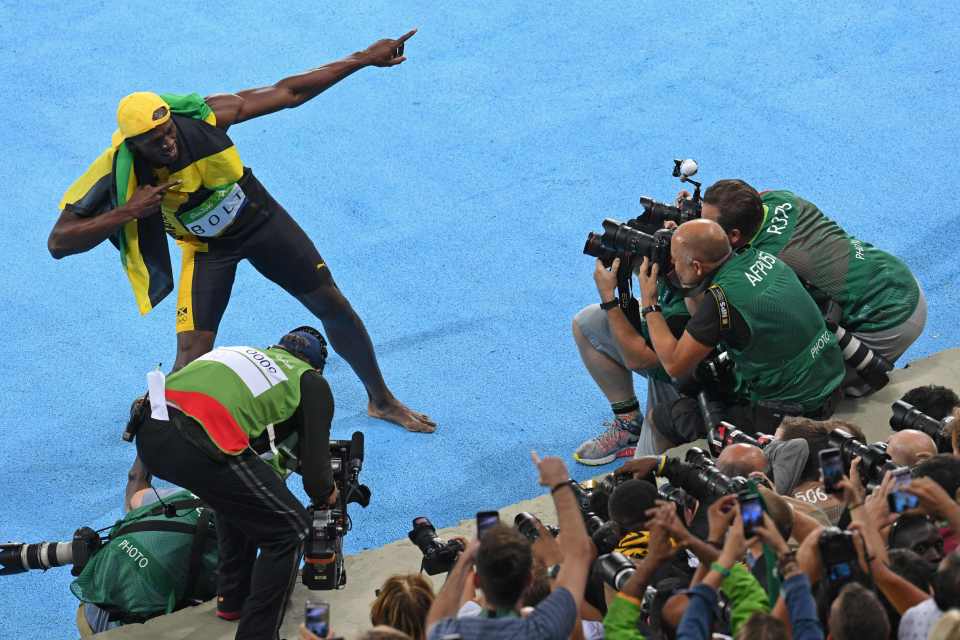 Jamaica's Usain Bolt celebrates after he