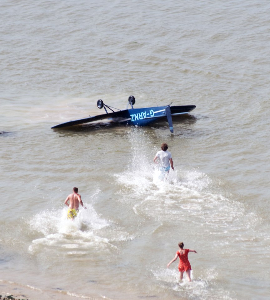 Brave onlookers wade into the water to help the injured pilot who was trapped in the plane