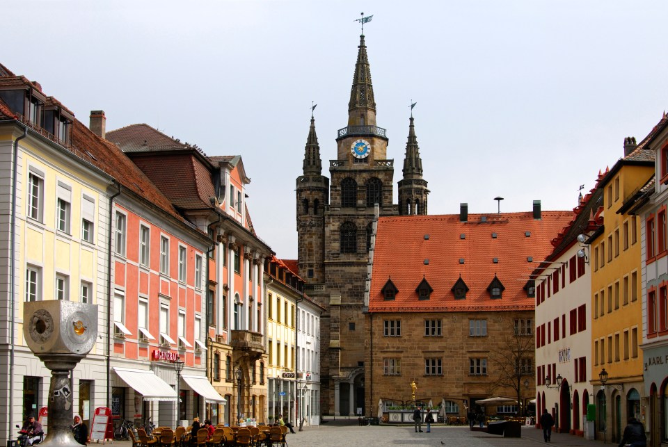 At the centre of town with church St Gumbertus, Ansbach, Bavaria, Germany