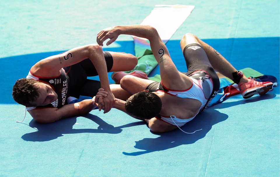 The Brownlee brothers embrace after winning gold and silver in the triathlon