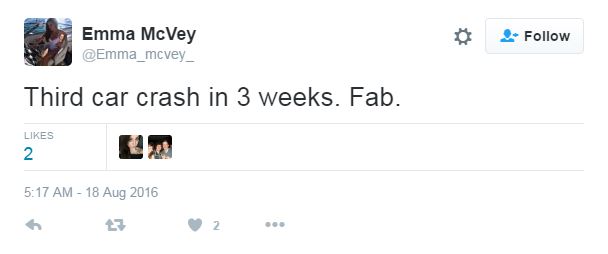 Emma tweeted about her car accident just 20 minutes before Gaz