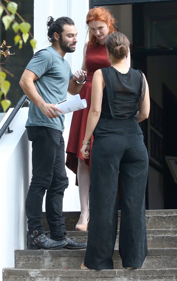 EXCLUSIVE: ***NO WEB UNTILL 4PM BST 20TH AUGUST 2016*** Poldark actor Aidan Turner is seen with his fellow cast members at a script read through for the new series of Poldark in North London.