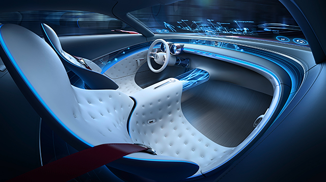 The futuristic interior features a wraparound windscreen display which can be controlled by your gestures