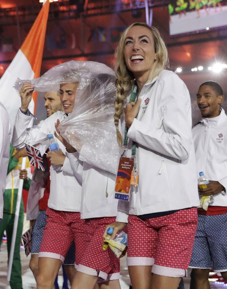 The British athletes tried to wrap up in their ponchos as they had a laugh at the closing ceremony