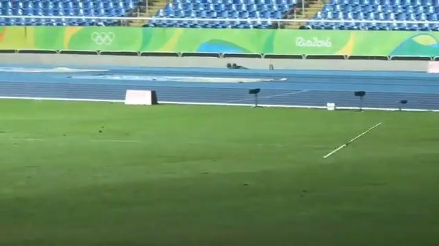 His effort lands in the turf before being measured at an impressive 55metres