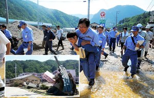 Minister slammed for demanding PIGGYBACK over a puddle in Japanese town ravaged by storm