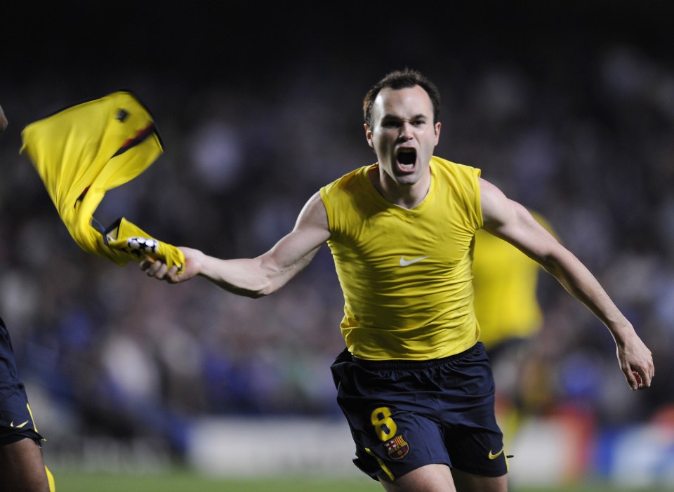 Barcelona?s midfielder Andr?s Iniesta celebrates a goal against Chelsea during their Champions League semi-final, second-leg match against at the Stanford Bridge in London, May 6, 2009. AFP PHOTO/LLUIS GENE. (Photo credit should read LLUIS GENE/AFP/Getty Images)