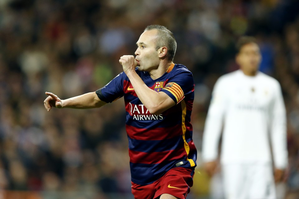 MADRID, SPAIN - NOVEMBER 21: Andres Iniesta of FC Barcelona celebrates after scoring his team's third goal during the La Liga match between Real Madrid CF and FC Barcelona at Estadio Santiago Bernabeu on November 21, 2015 in Madrid, Spain. (Photo by Victor Carretero/Real Madrid via Getty Images)