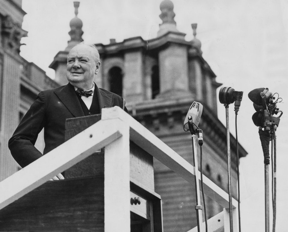 Sir Winston Churchill addresses crowds at Blenheim Palace 