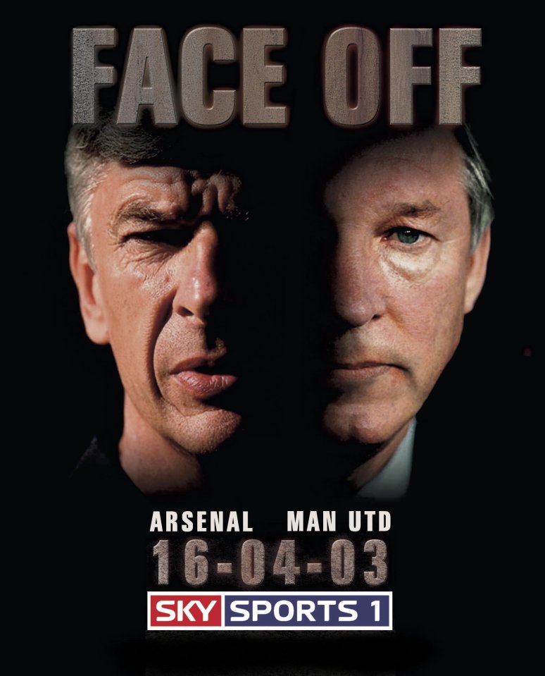Face Off. Sky Sports 1 advertisement featuring Sir Alex Ferguson and Arsene Wenger to publicise the Premiership match between Arsenal and Manchester United on 16.04.2003 at Highbury which is considered to be the decider for the 2002/2003 season.