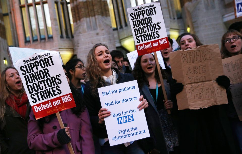 Junior doctors protest outside of the Department of Health during strikes in February 2016 