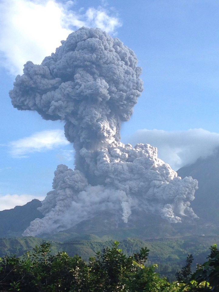 The Santiaguito volcano blows outs a thick cloud of ash in Quetzaltenango, Guatemala