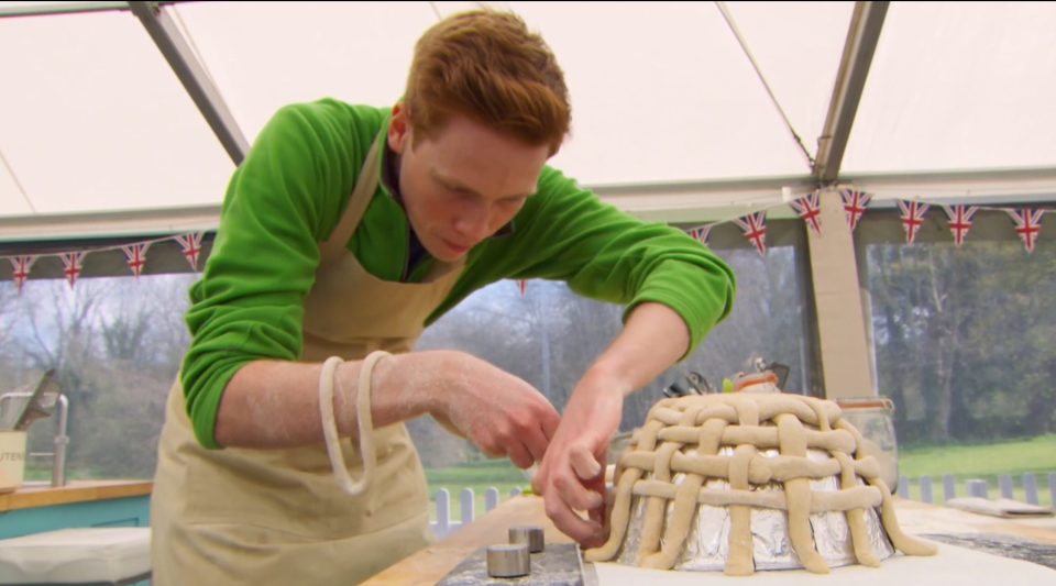 Andrew constructs a basket from bread dough 