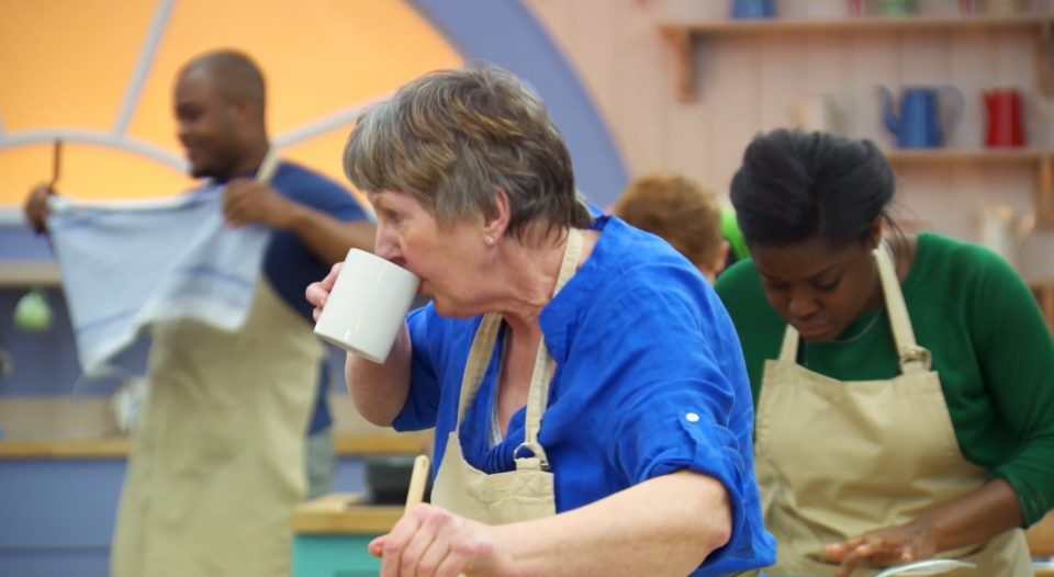 66-year-old Val takes a break from the baking to enjoy a cuppa 