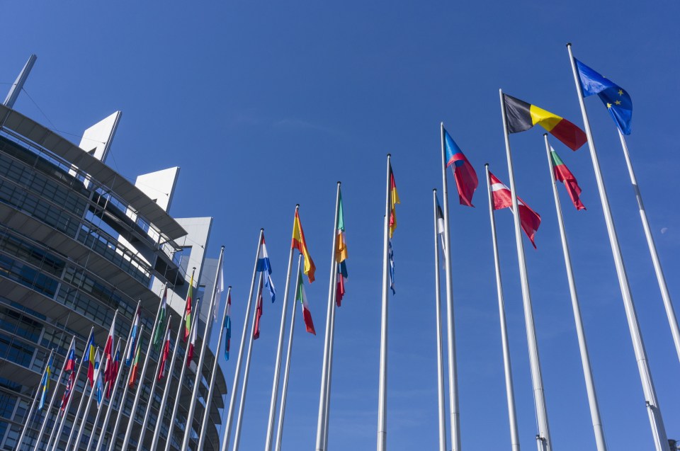 European Parliament building in Strasbourg, France, Europe - Louise Weiss Building with EU country flags