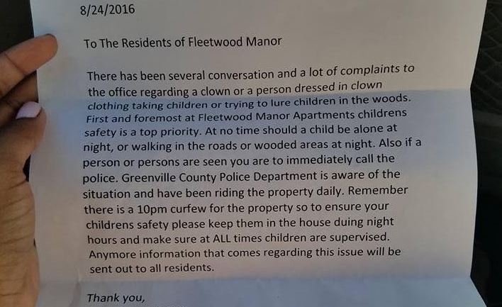 A letter was sent to parents in South Carolina warning them about clowns tempting children into the woods