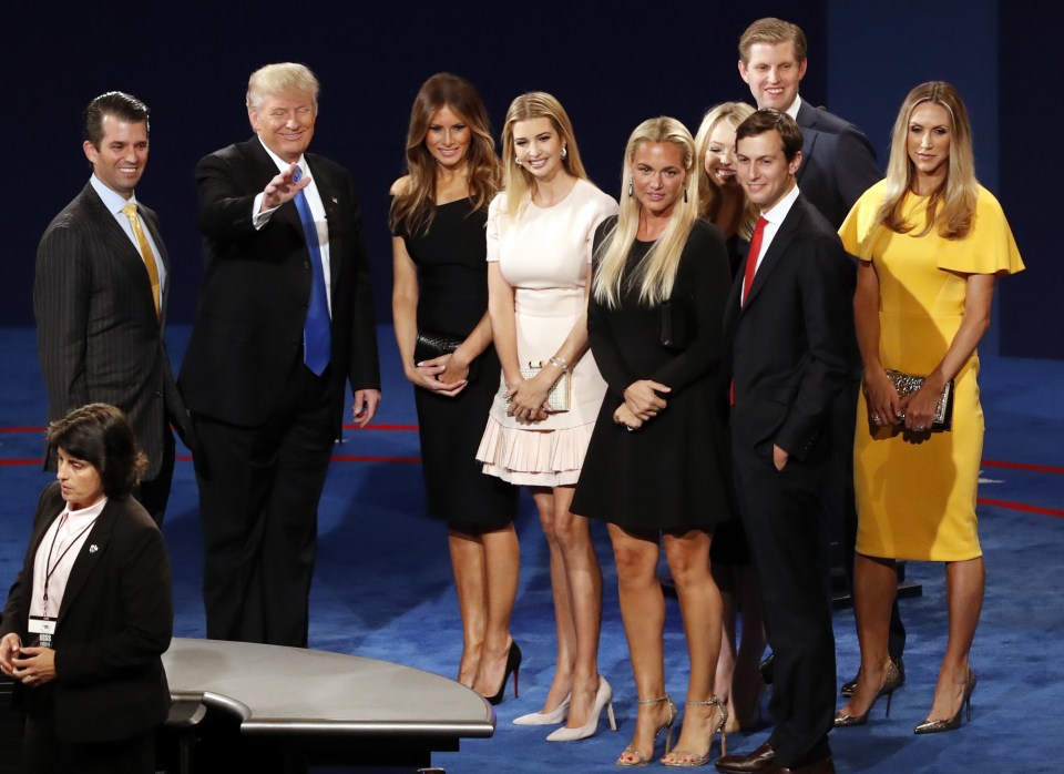 Republican presidential nominee Donald Trump, second from left, his wife Melania Trump, third from left, and family members appear on stage after the presidential debate 