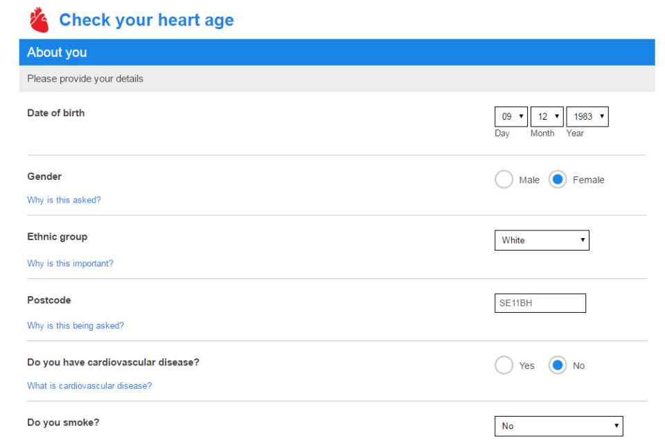 By answering questions about your age, height, weight and medical history, the test predicts when you are likely to suffer a heart attack or stroke