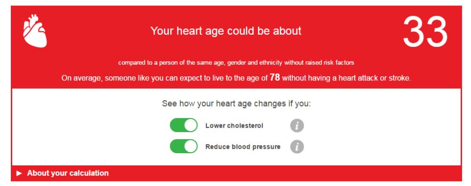 Once the calculator has predicted your heart age, it offers advice on how best to improve heart health