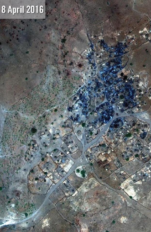 This shocking image from 8 April this year shows the dramatic difference, with vast swathes of the village scorched blue