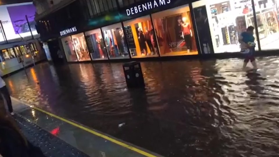 Tram line in Manchester turns into a canal after heavy rains