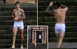 Justin Bieber braves the chilly Scottish weather to give fans a treat by running around in just his pants