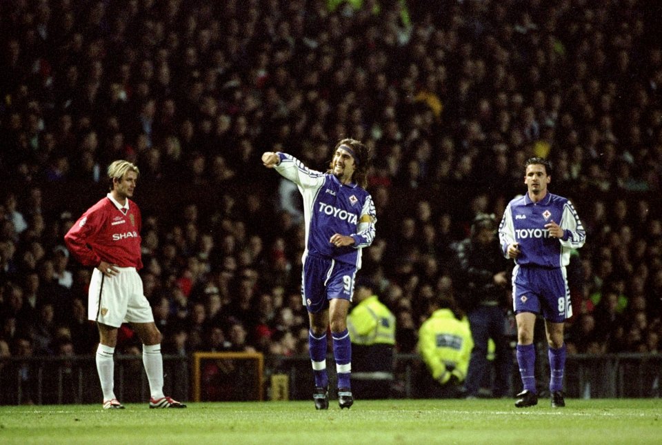 15 Mar 2000: Gabriel Batistuta of Fiorentina celebrates his goal during the UEFA Champions League match against Manchester United at Old Trafford in Manchester, England. Manchester United won the match 3-1. Mandatory Credit: Ross Kinnaird /Allsport