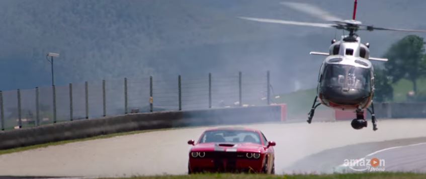 A car is pitted against a chopper in explosive scenes