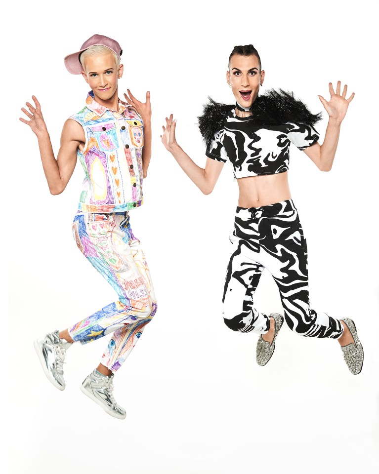 Appearing to jump in the air for joy, divisive duo Bratavio show their personality in their bold and brassy outfits