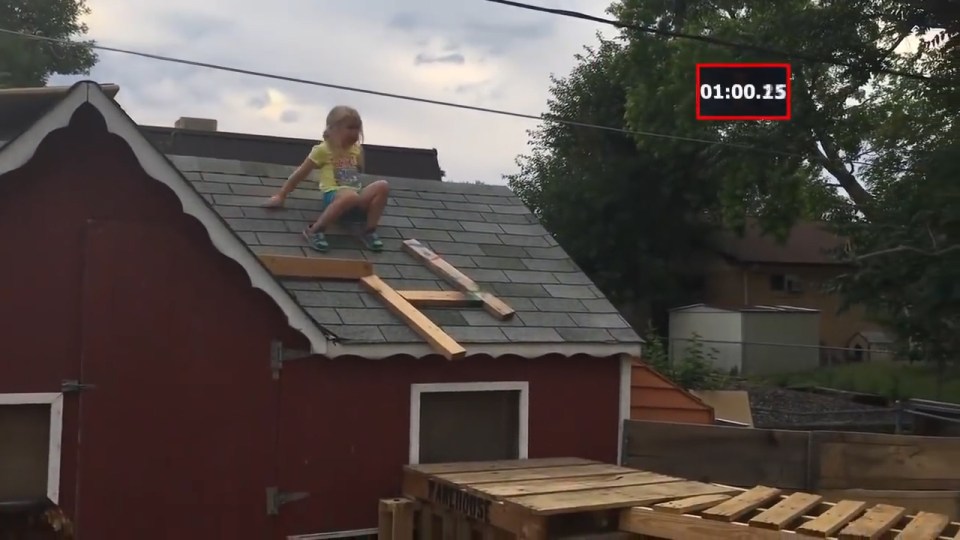 The active five-year-old even ends up climbing onto the ROOF