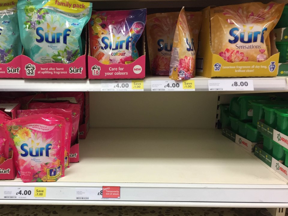 Empty shelves are spotted around Tesco stores after news of the row between Unilever and Tesco broke