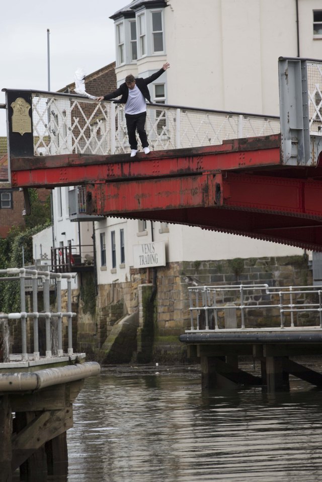One outdoor action shot showed a stuntman jumping from a bridge