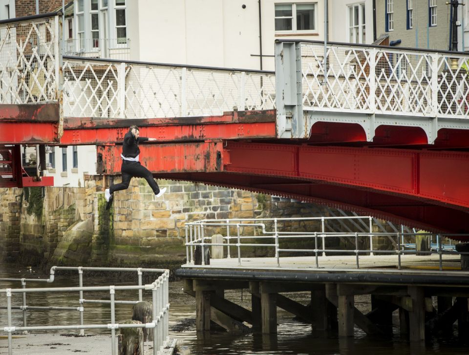 He landed in the chilly waters of Whitby