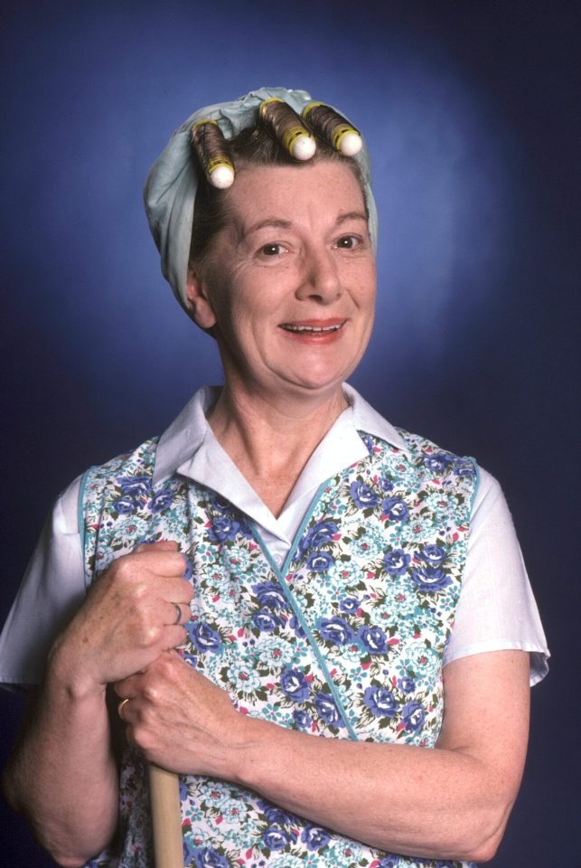 Cleaning for victory . . . Hilda Ogden left the cobbles in 1987 