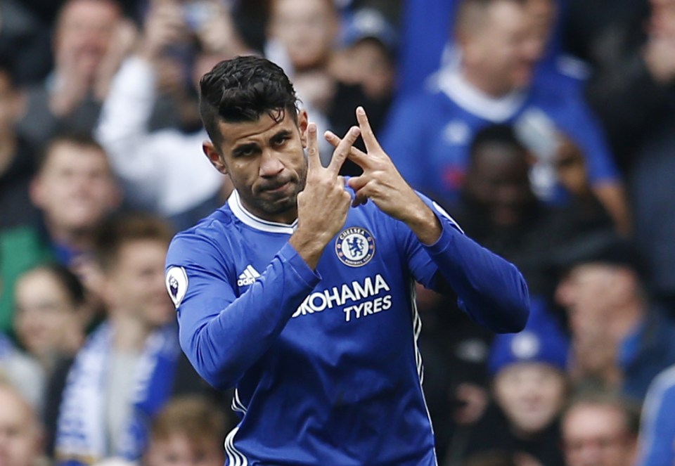 Diego Costa celebrates his opening goal against Leicester