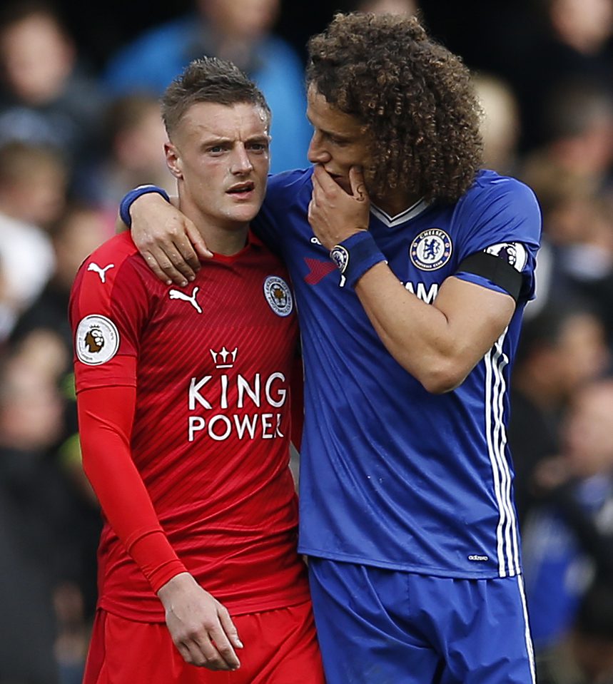 Chelsea defender David Luiz tries to console Leicester and England frontman Vardy afterwards