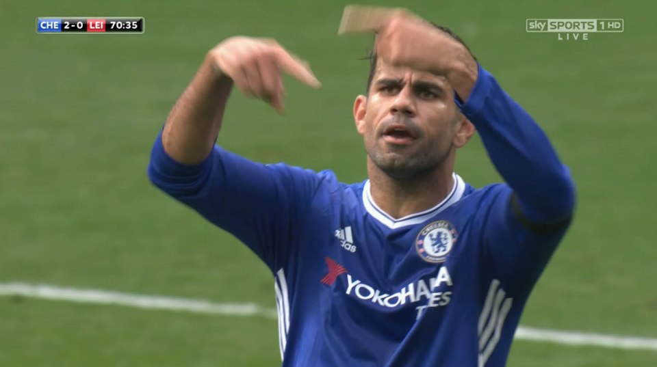 Diego Costa gestures to be subbed during the Leicester win