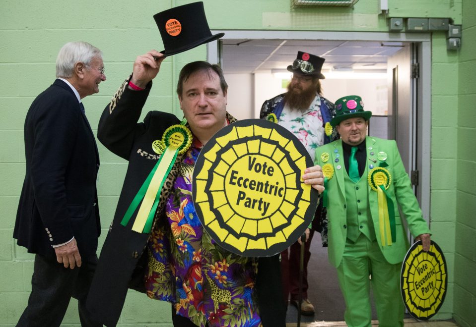 Members of the Eccentric Party arrive as the results come in