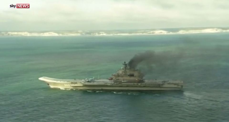 The White Cliffs of Dover are visible in the background as Kuznetsov steams through the 21 mile-wide Strait of Dover