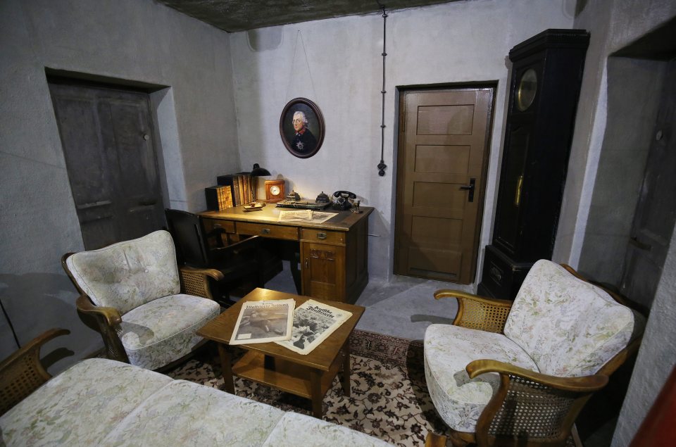 The room has a picture of Hitler’s hero, Frederick the Great of Prussia, on the wall and also shows the sofa where Hitler was found dead with his mistress Eva Braun