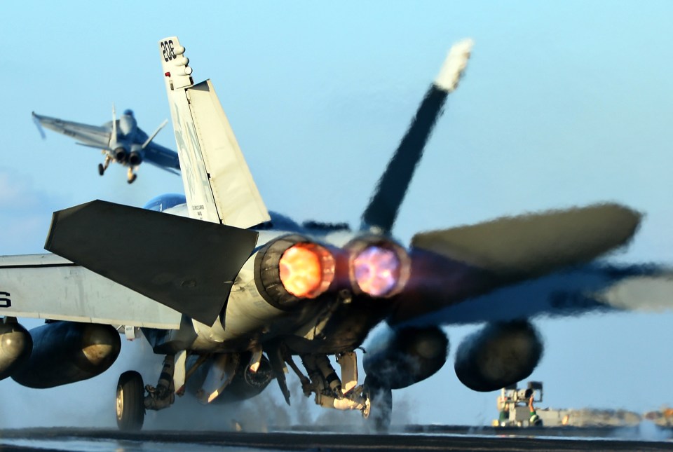 An F/A-18E Super Hornet prepares to take-off from the US navy's supercarrier USS Nimitz