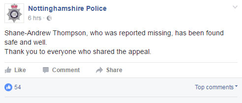 Confirmation . . . Facebook post from cops confirming Shane was safe and well