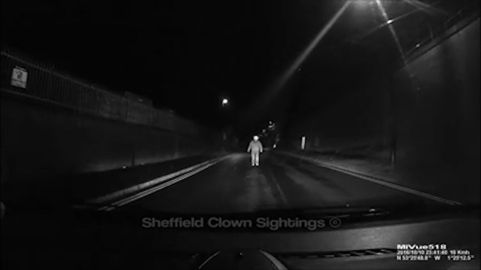 The clown emerged from the underpass and stood in the middle of the road, blocking the family's car
