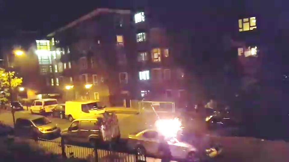 Sparks flew in the late night escapades of the yobs firing fireworks at each other