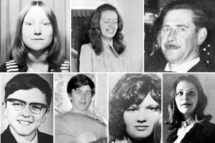 Top from left to right: Jane Davies, 17, the youngest victim; Maureen Roberts, 20; Clifford Jones Bottom row from let to right: Stephen Whalley, 21; Eugene Thomas Reilly; Pamela Palmer; Maralyn Paula Nash, 22