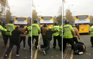 Clashes spark police investigation after riot cop is filmed shoving Birmingham City fan to floor