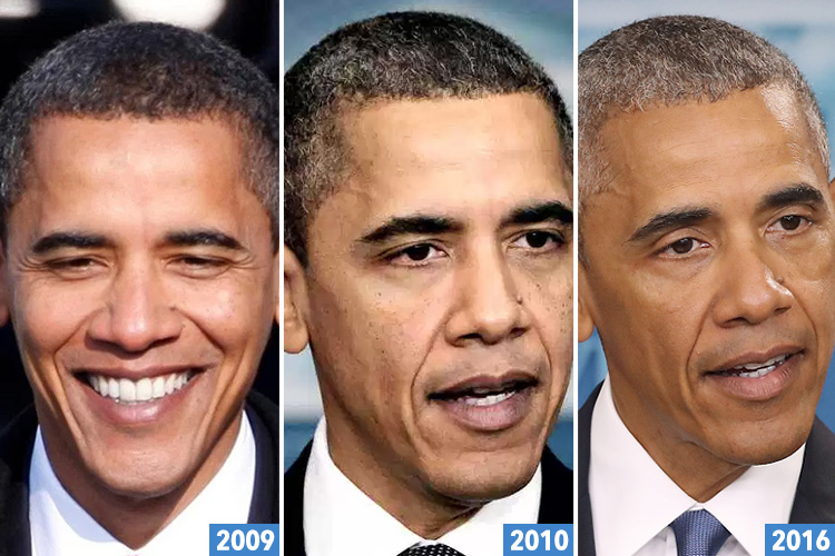 Obama at his Inauguration in 2009 (left) when he was 49, pictured a year later delivering a speech (centre), and this month as he departs the White House (right)