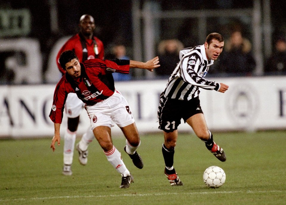 21 Nov 1999: Zinedine Zidane of Juventus takes on Gennaro Gattuso of AC Milan during the Italian Serie match at the Stadio Delle Alpi in Turin, Italy. Mandatory Credit: Claudio Villa /Allsport
